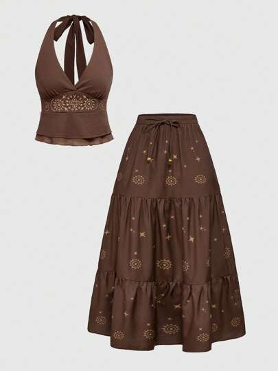 Hippie Ensemble 2 pièces pour femmes: débardeur style ras-du-cou bohème brodé et mini-jupe trapèze, style d'été