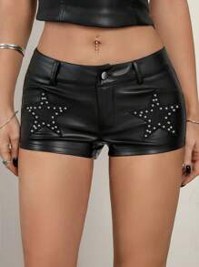 SHEIN ICON Y2K Women's Black Star Rivet PU Leather Sexy Hot Pants,Low Rise Shorts - Black - View 1