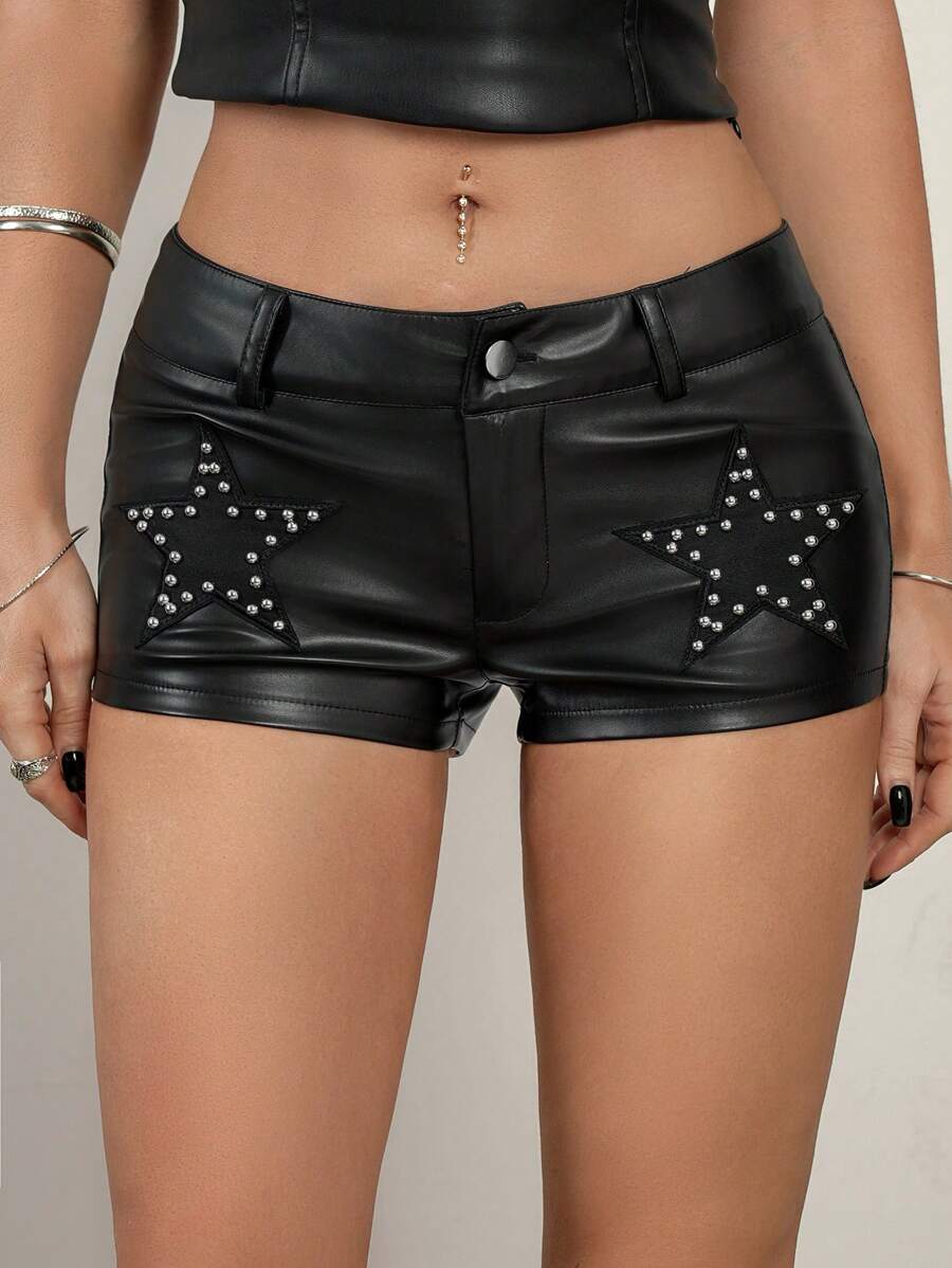 SHEIN ICON Y2K Women's Black Star Rivet PU Leather Sexy Hot Pants,Low Rise Shorts - Black - View 1