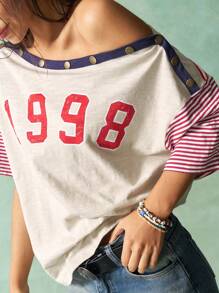 Bohemela Plus Striped & Number Print Asymmetrical Neck Tee - Apricot - View 1