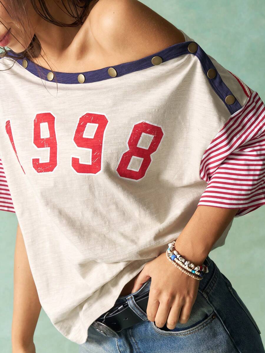 Bohemela Plus Striped & Number Print Asymmetrical Neck Tee - Apricot - View 1