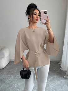 Selianne Women's French Style Round Neck Batwing Sleeve Waist Tie Shiny Red Blouse, Spring/Summer Fall Cloth For Women