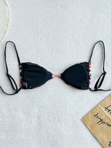 Abstract Leopard & Floral Print Bikini Top, Beach/Vacation For Summer