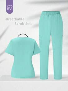 TaskEZ 1 Set Short Sleeve V-Neck Solid Color Top And Pants Uniform Scrub Set