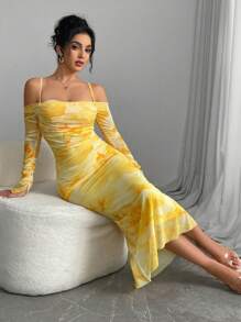 Rafferiza Đầm dài tay in họa tiết thanh lịch thả vai cho nữ - Màu vàng - Xem 6