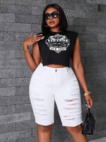 SHEIN SXY Plus Size Women Distressed Pocket Casual Versatile Denim Shorts - White - View 6