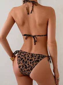 SHEIN Swim Traje de baño de una pieza con estampado de leopardo y espalda descubierta estilo halter para playa y mar, primavera/verano