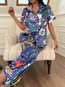 Flower Tiger Print Cardigan Women's Pajama Set - Multicolor - View 1