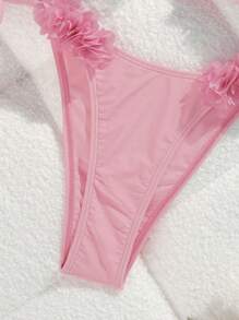 Swim Chiccia 2 件套女士海滩度假装，纯色优雅系带无袖上衣，3D 花卉装饰和下装，休闲比基尼泳装套装 - 淺粉色 - 查看 4