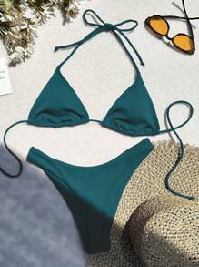 Swim Vcay Summer Beach Halter Triangle High Cut Bikini Set - Teal Blue - View 4