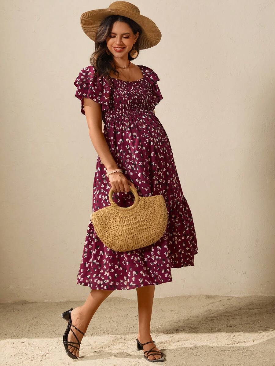 SHEIN Maternity Casual Fully Allover Print Ruffle Hem Dress - Burgundy - View 1