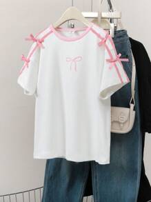 Conjunto a juego de madre e hija, camiseta de manga corta para niñas, uso diario casual y cómodo, con decoración de lazo con cinta lateral, combinación familiar, dulce y lindo casual