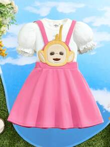 Teletubbies X SHEIN Young Girl Cartoon Puff Sleeve Top And Cute Sweet Versatile Pink Suspender Skirt Set