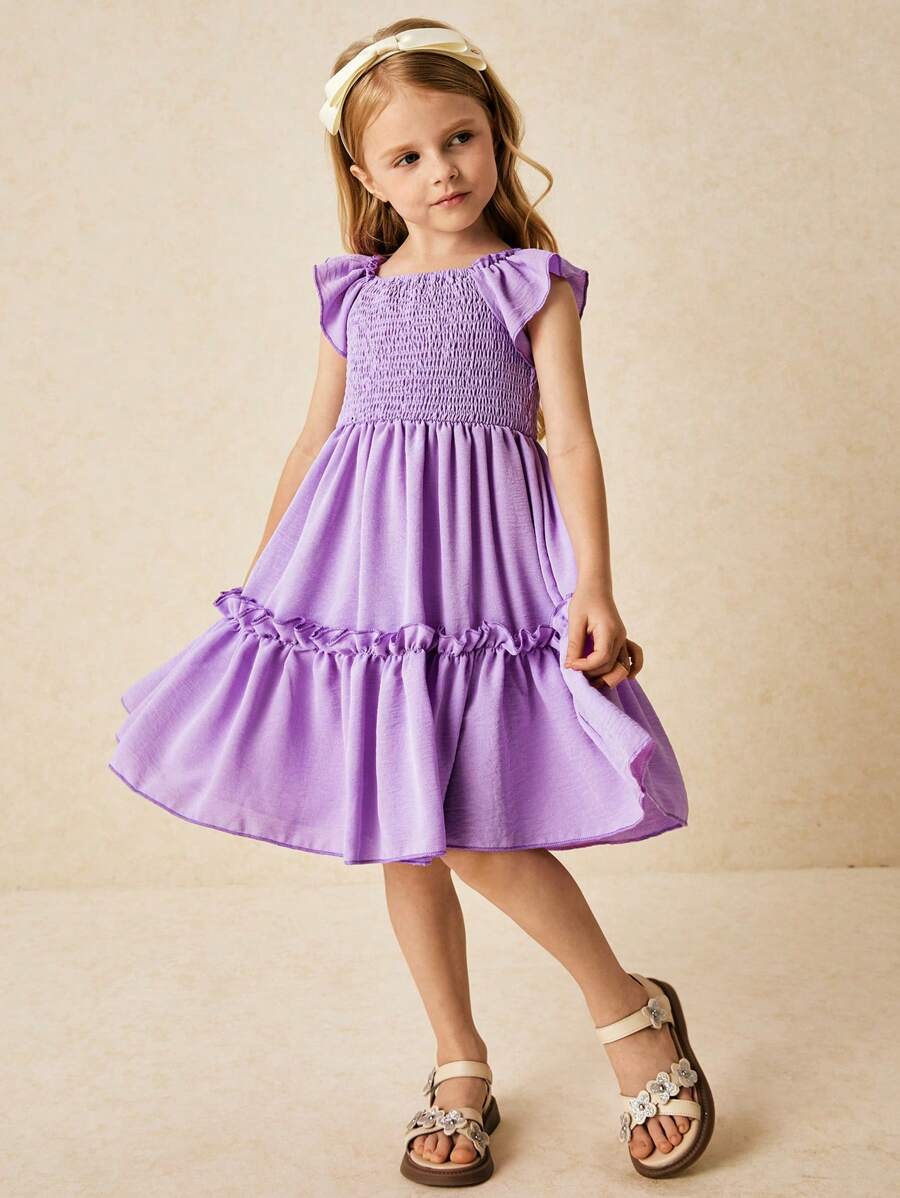 SHEIN Young Girls & Elegant Purple Ruffle Sleeve Shirred Dress - Purple - View 1