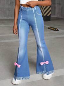 1pc Girls' Casual Cute Denim Effect Bow Print Flare Pants, Spring/Summer