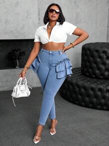 Plus Size Women's Stretch Ruffled Denim Jeans, Skinny Fit Light Blue Jeans  Autumn Outfits For Women Festival Outfits SHEIN SXY Plus Size Women Elastic Denim Jeans With Ruffle Hem Design Women Autumn Outfits Autumn Outfits For Women - Light Wash - View 4