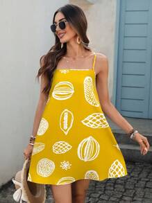 SHEIN VCAY 女士迷你梭织印花吊带裙 - 黃色 - 查看 1