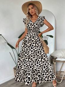 SHEIN LUNE V-Neck Cap Sleeve Waist Gathering Ruffled Hem A-Line Midi Dress, Casual Leopard Print, Elegant For Vacation Or Outdoor Wear Leopard Dress,Sun Dresses For Women,Shirt Dresses For Women - Apricot - View 5