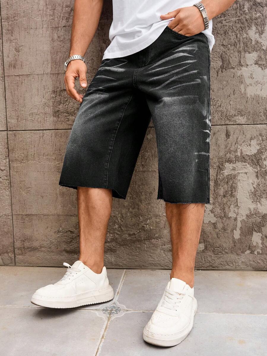 Manfinity Homme 男式宽松贴袋磨边休闲牛仔短裤 - 黑色 - 查看 1