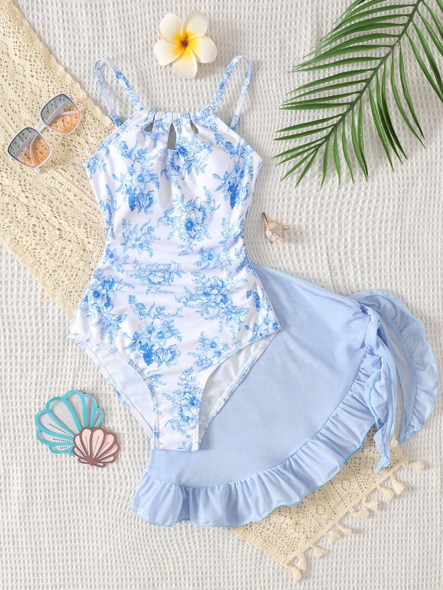 SHEIN 女童休闲可爱碎花镂空泳衣（含围巾） - 淺藍色 - 查看 1