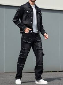 Manfinity LEGND Men's Casual Everyday Distressed Denim Jacket And Black Jeans Set - Black - View 1