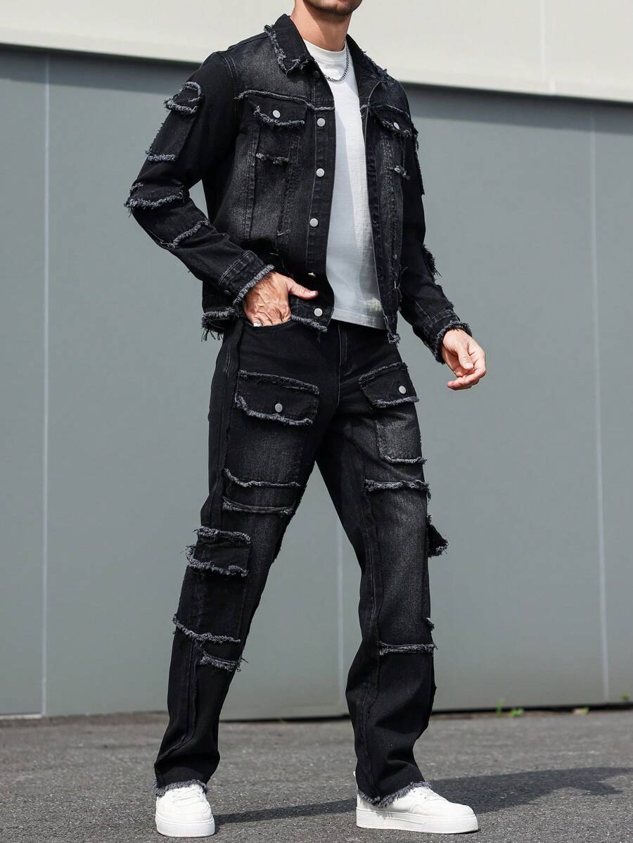 Manfinity LEGND Men's Casual Everyday Distressed Denim Jacket And Black Jeans Set - Black - View 1