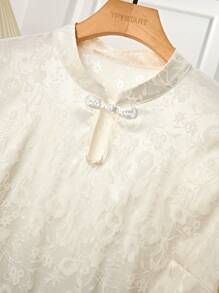 SHEIN LUNE Plus Size Elegant High Collar Button Placket Slit Short Sleeve Top And Shorts Set - Apricot - View 6