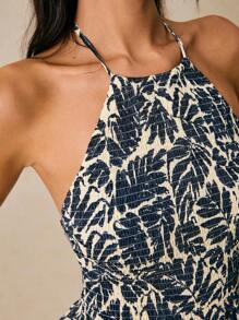 Poéselle Blue Printed Top, Palm Leaf Printed Top,Beach,Vacation,Mother Day,Women's Vacation Floral Print Halter Neck Ruffle Hem Top - Blue - View 3