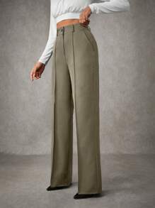 EURMUSE Women's Solid Pleated Seam Detailed Suit Pants - Army Green - View 6