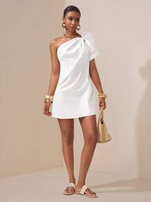 Zivah 2025 Spring/Summer New Music Festival, Easter, St. Patrick's Day, Western, Nomadic, Birthday, Graduation, College, Student, Casual, Vacation, Cruise, Beach, Sunbathing, Street Style, Elegant White Asymmetric Ruched Puff Sleeve Mini Dress - White - View 8