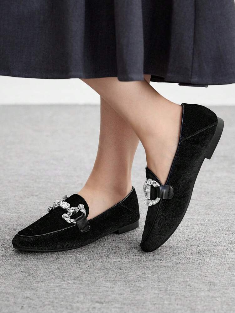 CUCCOO BIZCHIC Women Velvet & Canvas 2025 Spring New Arrival Crystal Embellished Mary Jane Flats, Fashionable