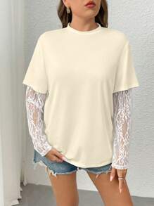 Calvaya Plus Size Women's Lace Patchwork Straight Short Sleeve T-Shirt, Spring/Summer