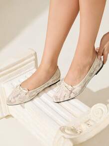 CUCCOO HITCHD 2026 Nouvelles Arrivées Printemps/Automne Style Mariage Décor nœud Couleur Unie Bout Carré Maille Respirante Confortable Chaussures Plates Décontractées - Nude - Voir 11