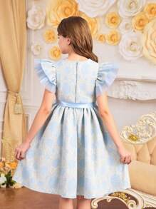 SHEIN 女童优雅梭织盖袖粉红玫瑰提花连衣裙，儿童欧式公主风格派对礼服，优雅少女女孩服装 - 淺藍色 - 查看 2