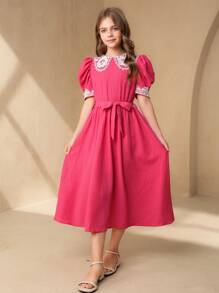 Tween Girl' Casual Contrast Lace Crew Neck Red Party Dress For Formal Occasions & Everyday Wear - Hot Pink - View 5