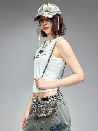 Grunge Punk حقيبة كاميرا صغيرة بنمط النمر المرصع بالترتر، عملية وبسيطة متعددة الوظائف