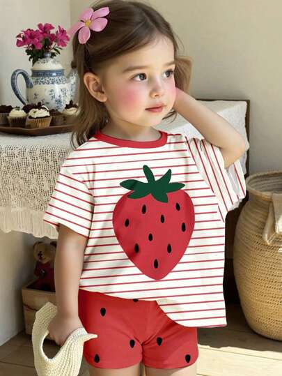 SHEIN Babyflicka Casual Minimalistisk Rund Halsad Jordgubbsrandigt Mönster Kortärmad T-shirt och Åtsittande Shorts Set, Lämplig för Vår/Sommar