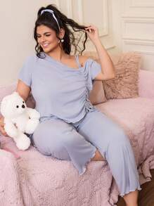 SHEIN Plus Size Solid Color Fashionable Pajamas Set, Suitable For Summer - Baby Blue - View 4