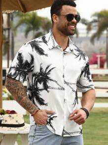 Manfinity RSRT Cămașă cu mânecă scurtă cu imprimeu cocos, ocazional de vacanță, pentru bărbați de mărimi plus