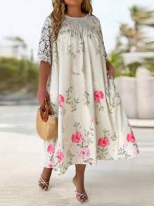 EMERY ROSE Plus Size Women Floral Print Contrast Lace 3/4 Sleeve Loose Pocket Dress - Multicolor - View 4