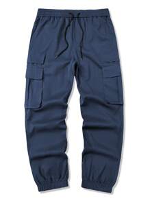 Manfinity Homme Men's Solid Color Drawstring Waist Cargo Pocket Casual Pants, Fall - Navy Blue - View 3