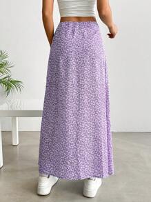 SHEIN EZwear 女式高腰长款雪纺碎花休闲裙，夏季，浅紫色 - 紫色 - 查看 2