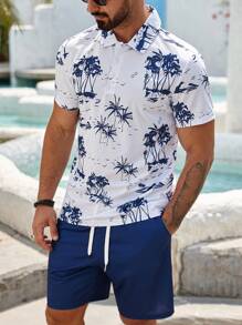 Manfinity RSRT Men's Summer Vacation Coconut Tree Print Short Sleeve Polo Shirt And Shorts Set - Blue and White - View 4