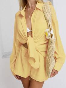 Sunnyshic 2 件套女士休闲亚麻混纺衬衫和短裤套装，纯色纽扣宽松长袖衬衫搭配低腰短裤，适合春夏季度假和日常穿着