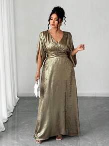 Elenzga Plus Size Women's Hot Selling V-Neck Split Waist A-Line Metallic Print Elegant Slimming Evening Dress For High-Level Banquet, Party, Business, Off Shoulder, Romantic, Super Long, Formal Gown - Gold - View 3