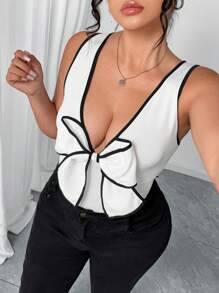 Elenzga Body elegante de punto blanco con cuello en V profundo y decoración de lazo para mujer talla grande, ajuste ceñido - Blanco - Ver 4