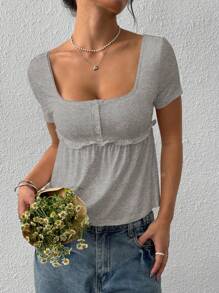 SHEIN EZwear 简约纯色方领纽扣T恤，夏季短袖上衣 - 灰色 - 查看 3