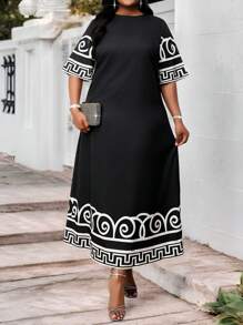 SHEIN Lady Große Größen Sommer Urlaubs Kleid mit Schwarz Muster für Frauen, Damen Große Größen lässiges, einfaches Kleid, geeignet als Sommerkleid, Osterkleider, Frauen Strandoutfits für Urlaub, Boho-Stil