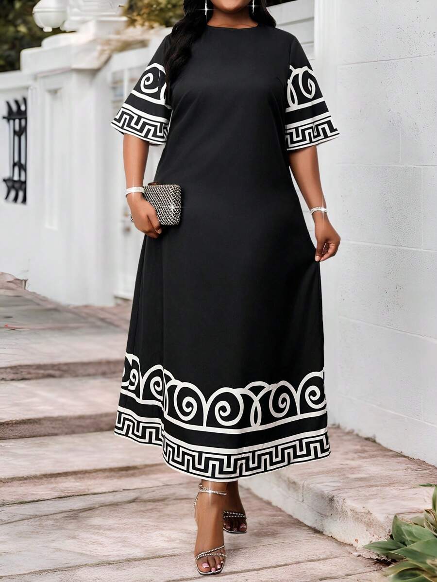 SHEIN Lady Große Größen Sommer Urlaubs Kleid mit Schwarz Muster für Frauen, Damen Große Größen lässiges, einfaches Kleid, geeignet als Sommerkleid, Osterkleider, Frauen Strandoutfits für Urlaub, Boho-Stil