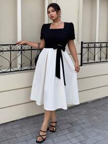 Dazy Plus Plus Size Color Blocking Cinched Waist Short Sleeve A-Line Hem Elegant Summer Dress - Apricot - View 8